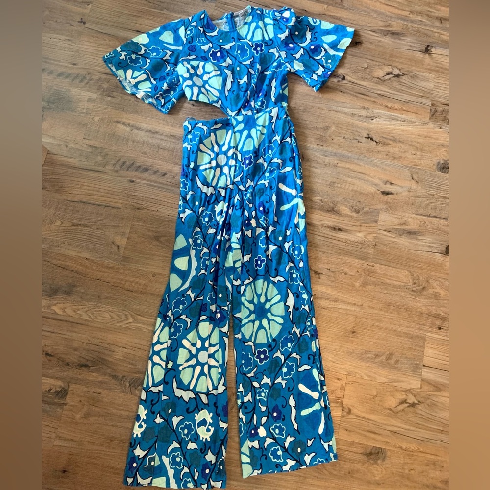 RHODE Blue Abstract Print Jumpsuit with Wide-Leg Design